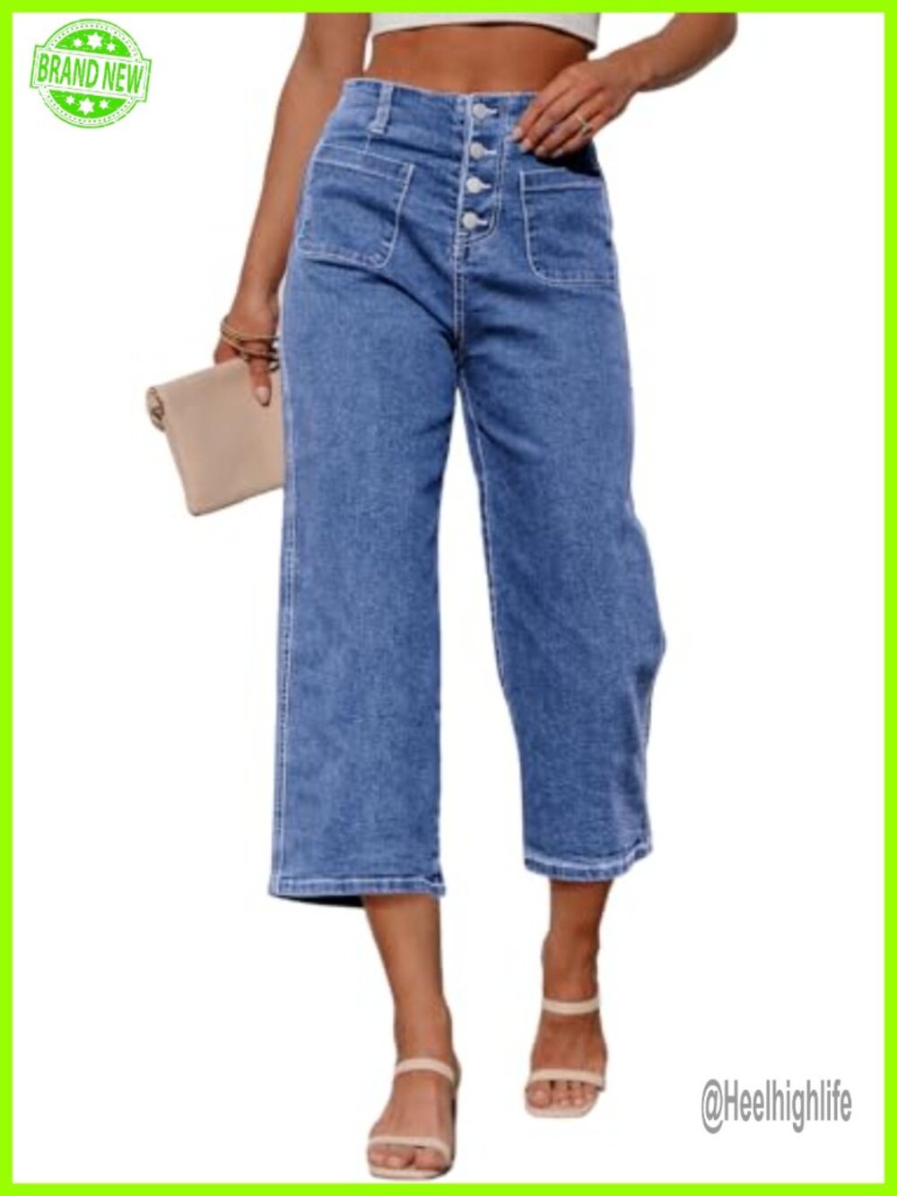 High Waisted Wide Leg Cropped Denim Capri Pants Stretchy Loose Jeans